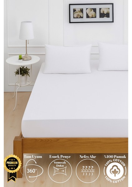 Mirava Premium %100 Pamuk Penye Lastikli Çift Kişilik Çarşaf Takımı (2 Yastık Kılıfı Dahil) Beyaz 140X200CM