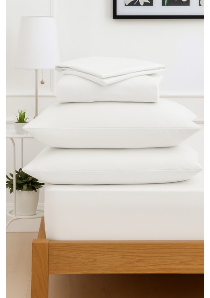 Mirava Premium %100 Pamuk Penye Lastikli Çift Kişilik Çarşaf Takımı (2 Yastık Kılıfı Dahil) Beyaz 140X200CM