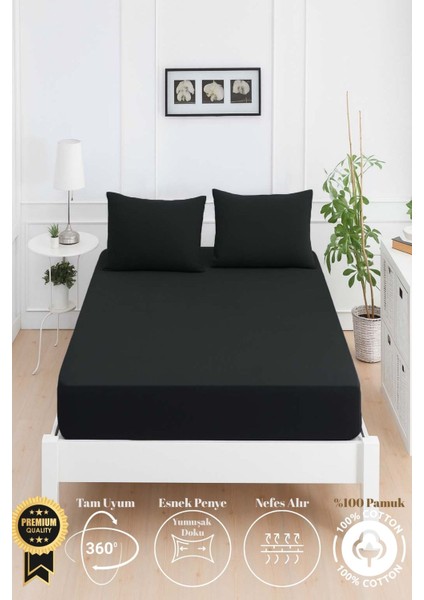 Mirava Premium %100 Pamuk Penye Lastikli Tek Kişilik Çarşaf Takımı (1 Yastık Kılıfı Dahil) Siyah 100X200CM