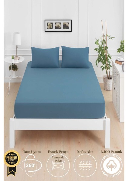 Mirava Premium %100 Pamuk Penye Lastikli Tek Kişilik Çarşaf Takımı (1 Yastık Kılfı Dahil) Indgo Mavi 100X200CM