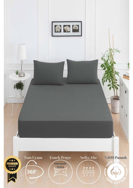 Mirava Premium %100 Pamuk Penye Lastikli Tek Kişilik Çarşaf Takımı (1 Yastık Kılıfı Dahil) Antrasit 100X200CM