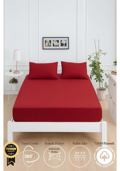 Mirava Premium %100 Pamuk Penye Lastikli Çift Kişilik Çarşaf Takımı (2 Yastık Kılıfı Dahil) Bordo 140X200CM