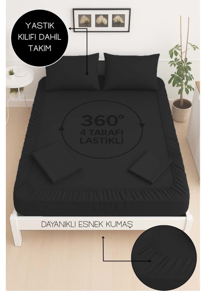 Mirava Premium %100 Pamuk Penye Lastikli Çift Kişilik Çarşaf Takımı (2 Yastık Kılıfı Dahil) Siyah 140X200CM fiyatları