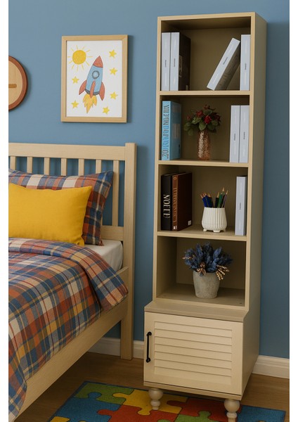 Pera Komodin & Kitaplık Set | MDF Gövde | Ağaç Ayaklar | REHAU Kaplama Panjur Kapak Detaylı