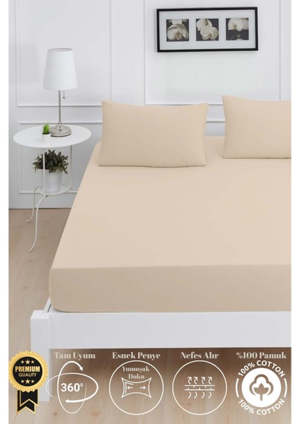 Mirava Premium %100 Pamuk Penye Lastikli Tek Kişilik Çarşaf Takımı (1 Yastık Kılıfı Dahil) Bej 100X200CM