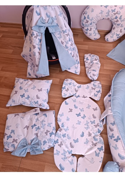 Mavi Benekli Beyaz Kelebekli Oval Yataklı 10 Parça Babynest Seti