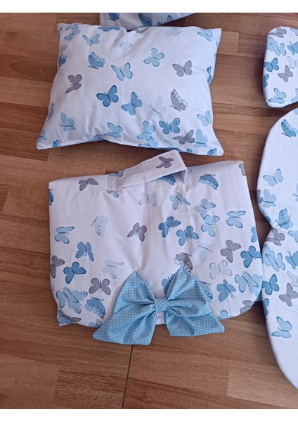 Mavi Benekli Beyaz Kelebekli Oval Yataklı 10 Parça Babynest Seti modelleri