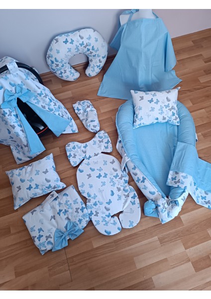 Mavi Benekli Beyaz Kelebekli Oval Yataklı 10 Parça Babynest Seti fırsatları