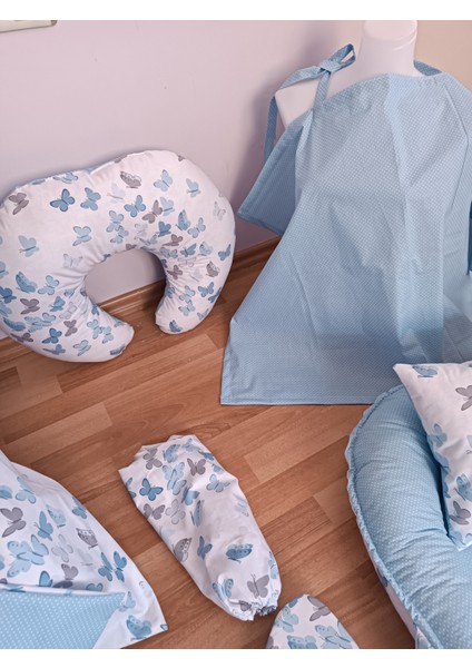Mavi Benekli Beyaz Kelebekli Oval Yataklı 10 Parça Babynest Seti indirimleri