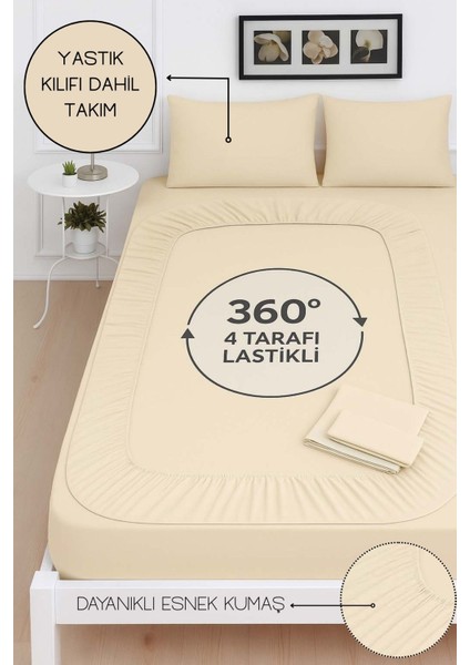 Mirava Premium %100 Pamuk Penye Lastikli Çift Kişilik Çarşaf Takımı (2 Yastık Kılıfı Dahil) Bej 140X200CM