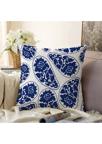 Royal Rose Mavi Beyaz Çini Desenli Gül Motifli Dekoratif Kırlent Kılıfı 50X50 cm Polyester