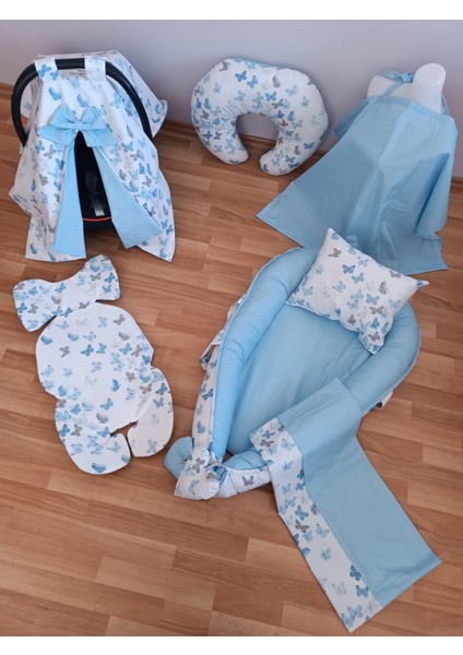 Mavi Benekli Beyaz Kelebekli Oval Yataklı 7 Parça Babynest Seti