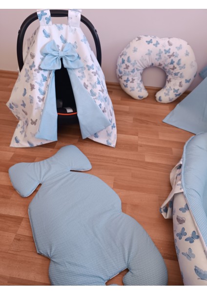 Mavi Benekli Beyaz Kelebekli Oval Yataklı 7 Parça Babynest Seti modelleri