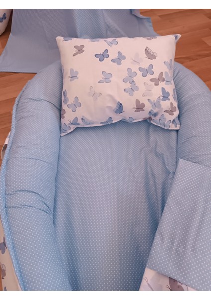 Mavi Benekli Beyaz Kelebekli Oval Yataklı 7 Parça Babynest Seti indirimleri