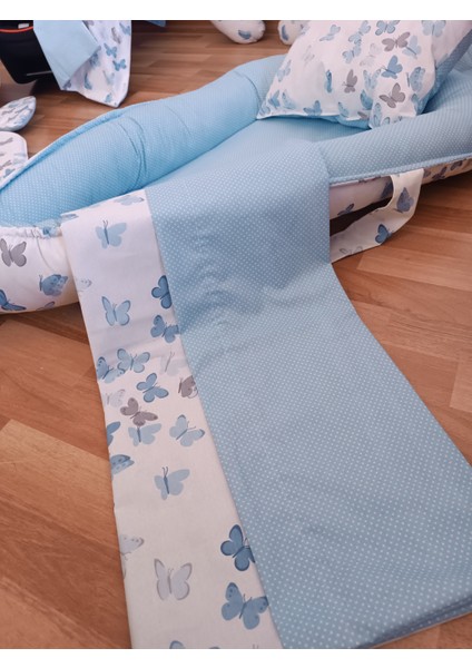 Mavi Benekli Beyaz Kelebekli Oval Yataklı 7 Parça Babynest Seti
