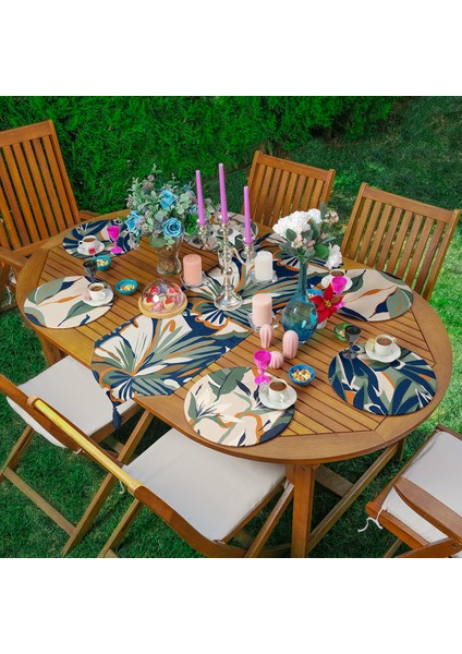 Abstract Botanica Garden Soyut Yaprak Desenli Runner 45X140 + 6’lı Supla Seti 34X34 cm