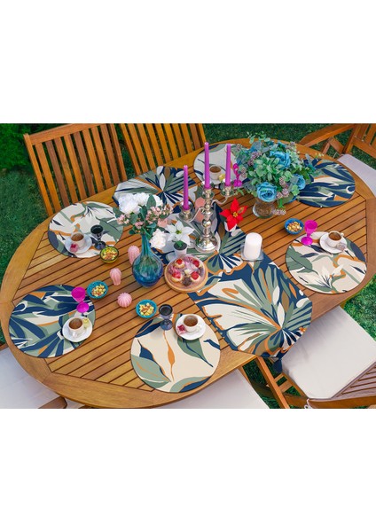 Abstract Botanica Garden Soyut Yaprak Desenli Runner 45X140 + 6’lı Supla Seti 34X34 cm fiyatları