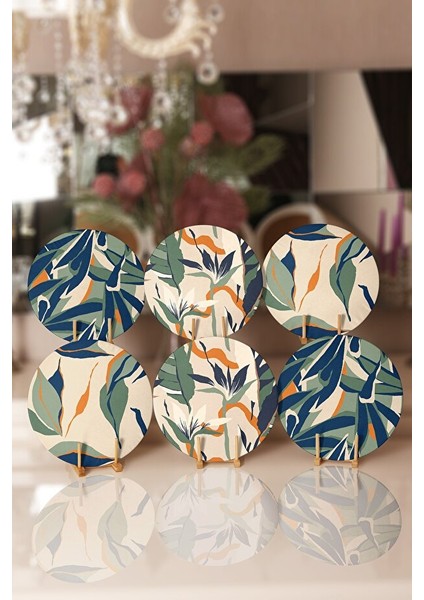 Abstract Botanica Garden Soyut Yaprak Desenli Runner 45X140 + 6’lı Supla Seti 34X34 cm modelleri