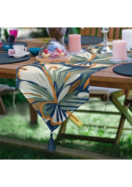 Abstract Botanica Garden Soyut Yaprak Desenli Runner 45X140 + 6’lı Supla Seti 34X34 cm