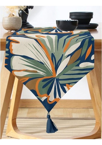 Abstract Botanica Garden Soyut Yaprak Desenli Runner 45X140 + 6’lı Supla Seti 34X34 cm