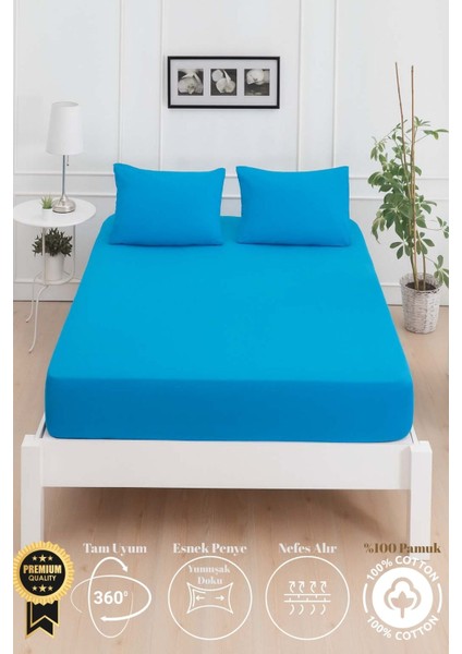 Mirava Premium %100 Pamuk Penye Lastikli Çift Kişilik Çarşaf Takımı (2 Yastık Kılıfı Dahil) Turkuaz 140X200CM
