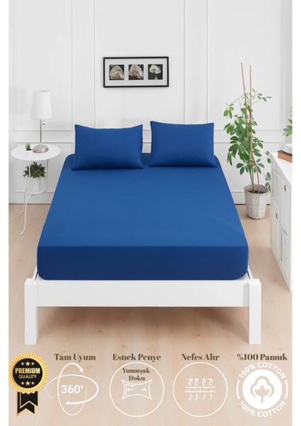 Mirava Premium %100 Pamuk Penye Lastikli Çift Kişilik Çarşaf Takımı (2 Yastık Kılıfı Dahil) Lacivert 140X200CM