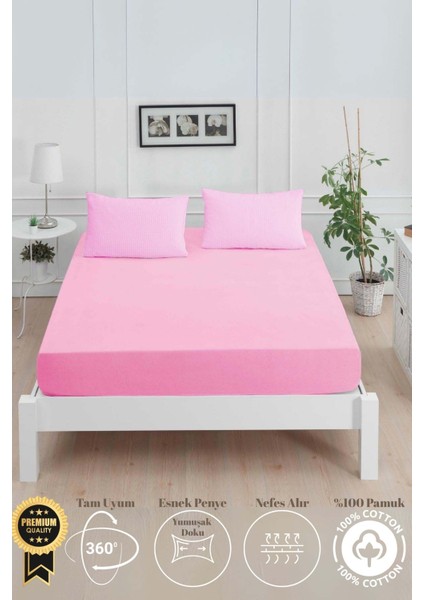 Mirava Premium %100 Pamuk Penye Lastikli Çift Kişilik Çarşaf Takımı (2 Yastık Kılıfı Dahil) Pembe 140X200CM