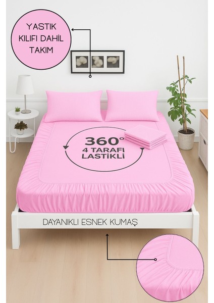 Mirava Premium %100 Pamuk Penye Lastikli Çift Kişilik Çarşaf Takımı (2 Yastık Kılıfı Dahil) Pembe 140X200CM fiyatları