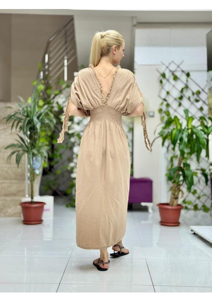 PT242500 Beli Lastikli Yaka Omuz Püsküllü Derin Yırtmaçlı Coton Elbise Camel indirimleri