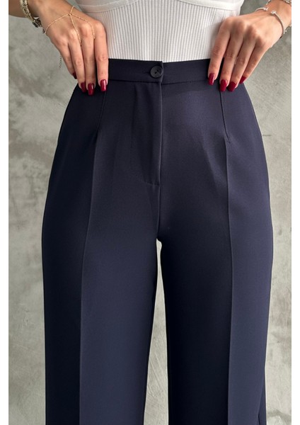 Kadın Yeni Sezon Yüksek Bel Klasik Lacivert Kumaş Pantolon Lacivert / Xl