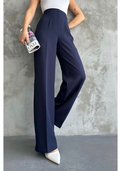 Kadın Yeni Sezon Yüksek Bel Klasik Lacivert Kumaş Pantolon Lacivert / Xl