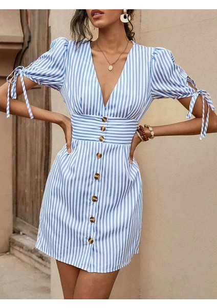 Kadın Kısa Bağcıklı Kol Kruvaze Yaka Önden Düğmeli Kısa Poplin Elbise modelleri
