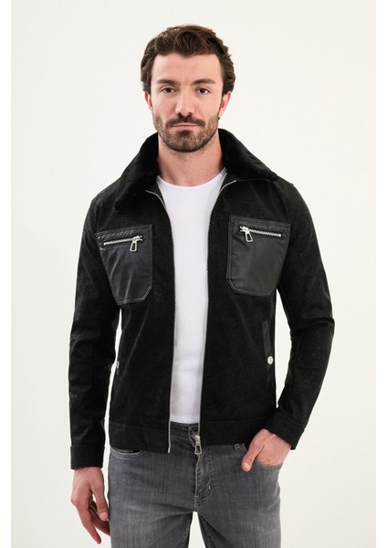 Desenli Slimfit Yan Cepli Kürklü Yaka Deri Erkek Mont