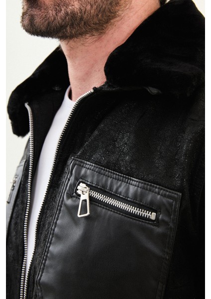 Desenli Slimfit Yan Cepli Kürklü Yaka Deri Erkek Mont fiyatları