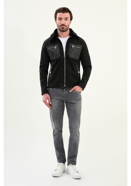 Desenli Slimfit Yan Cepli Kürklü Yaka Deri Erkek Mont modelleri