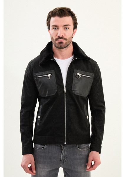 Desenli Slimfit Yan Cepli Kürklü Yaka Deri Erkek Mont fırsatları