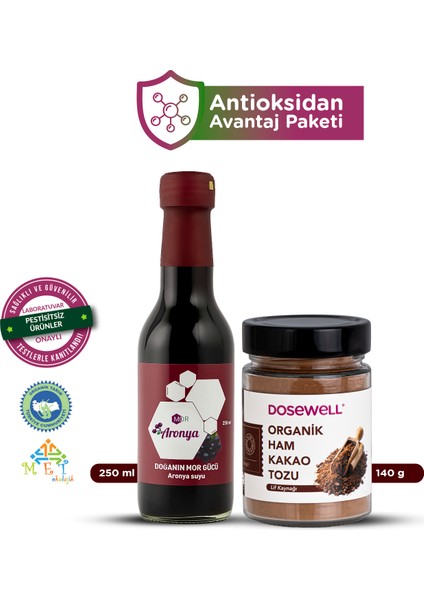 Mor Aronya Suyu 250 ml & Organik Ham Kakao 140 gr : Doğal Antioksidan Paketi
