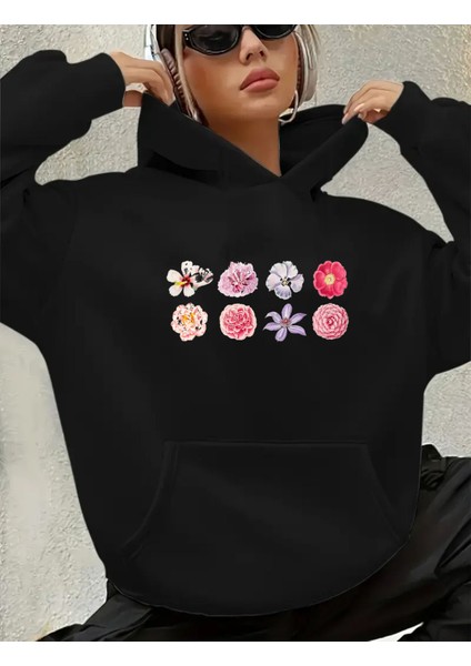 Çiçekler Baskılı Içi Polarlı Kapüşonlu Sweatshirt