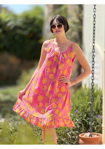 YG205030 Italyan Coton Limon Desen Elbise Pembe