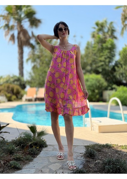 YG205030 Italyan Coton Limon Desen Elbise Pembe indirimleri