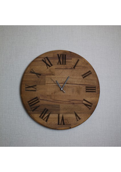 Romen Rakamlı Lazer Kazıma Ahşap Duvar Saati - 42CM Sessiz Mekanizma - Ceviz Rengi