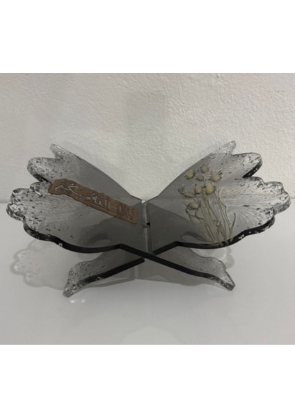 Siyah Epoksi Tavşankuyruğu Otlu ve Yazı Motifli Kelebek Rahle (Özel Tasarım - Tek Üretim) - 35X31 cm