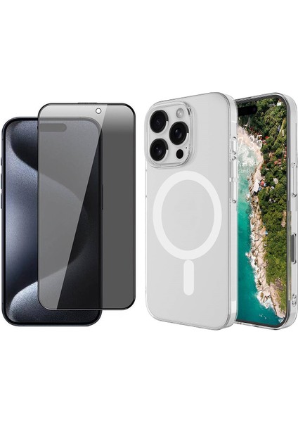 iPhone 15 Pro Max Kılıf Zore M-safe Şarj Özellikli Şeffaf Tek Kamera Çerçeveli Porto Kapak + Hayalet Ekran Koruyucu