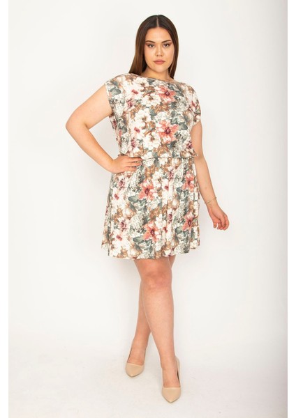Kadın Renkli Bel Kısmı Lastikli Çiçek Desenli Elbise modelleri