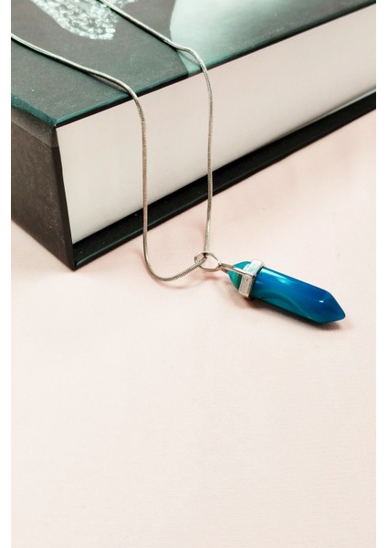 Aquamarin Doğal Taşı Zincirli El Yapımı Tasarımlı Kolye Uç: 3,5 cm Zincir: 20 cm Kutulu modelleri