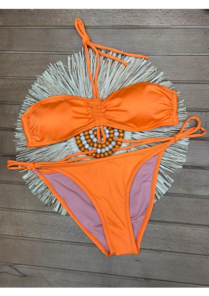 Kadın Likralı Esnek Boyundan Bağlamalı Ipli Straplez Şık Kaliteli Büzgü Ayarlı Bikini Takım