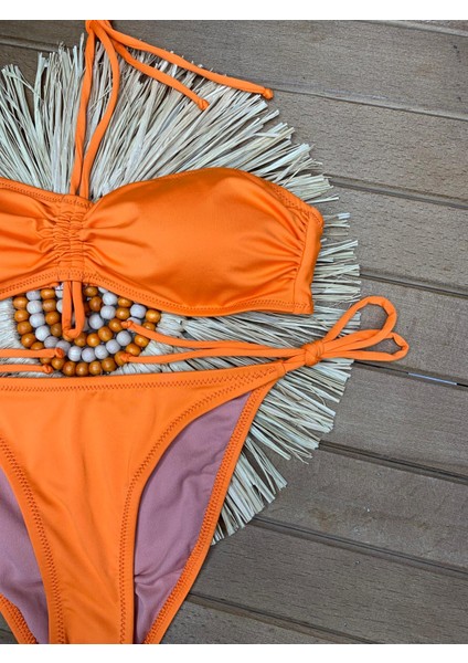 Kadın Likralı Esnek Boyundan Bağlamalı Ipli Straplez Şık Kaliteli Büzgü Ayarlı Bikini Takım modelleri