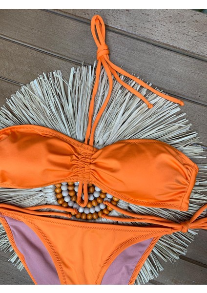 Kadın Likralı Esnek Boyundan Bağlamalı Ipli Straplez Şık Kaliteli Büzgü Ayarlı Bikini Takım fırsatları