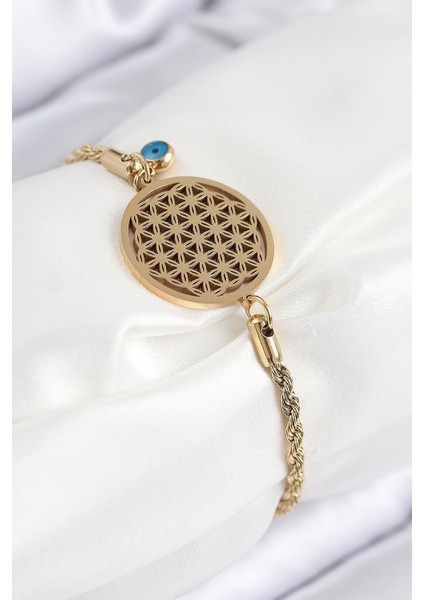 316L Çelik Nazar Boncuğu Detaylı Yaşam Çiçeği Model Gold Renk Kadın Bileklik - TJ-BB7838