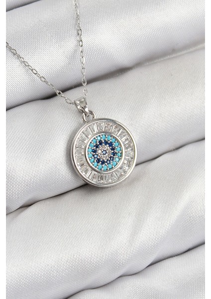 Pirinç Zirkon Taşlı Su Yolu Nazar Model Gümüş Renk Kadın Kolye TG27BKO10429